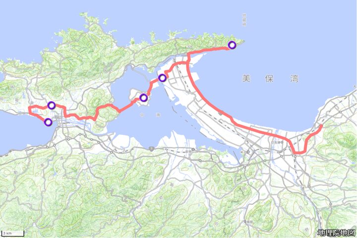 ４日目の走行距離を示す地図。立ち寄った場所を紫色の丸印で記す