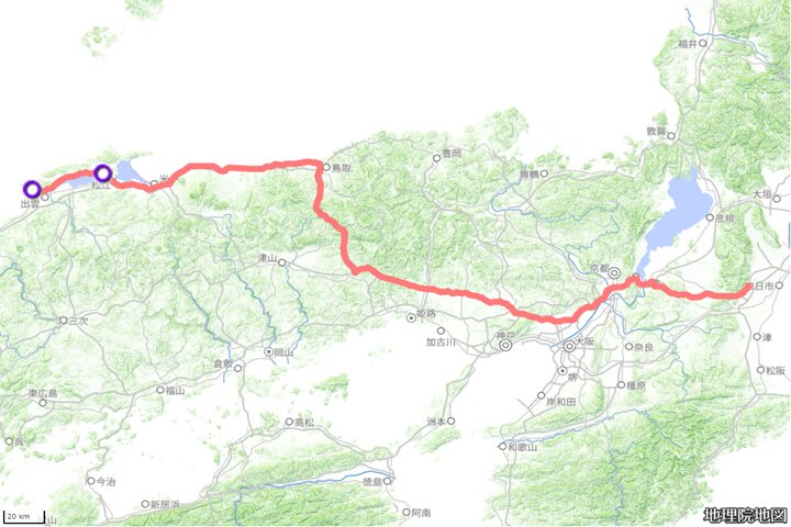 ６日目の走行距離を示す地図。立ち寄った場所を紫色の丸印で記す