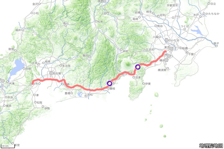 ７日目の走行距離を示す地図。立ち寄った場所を紫色の丸印で記す